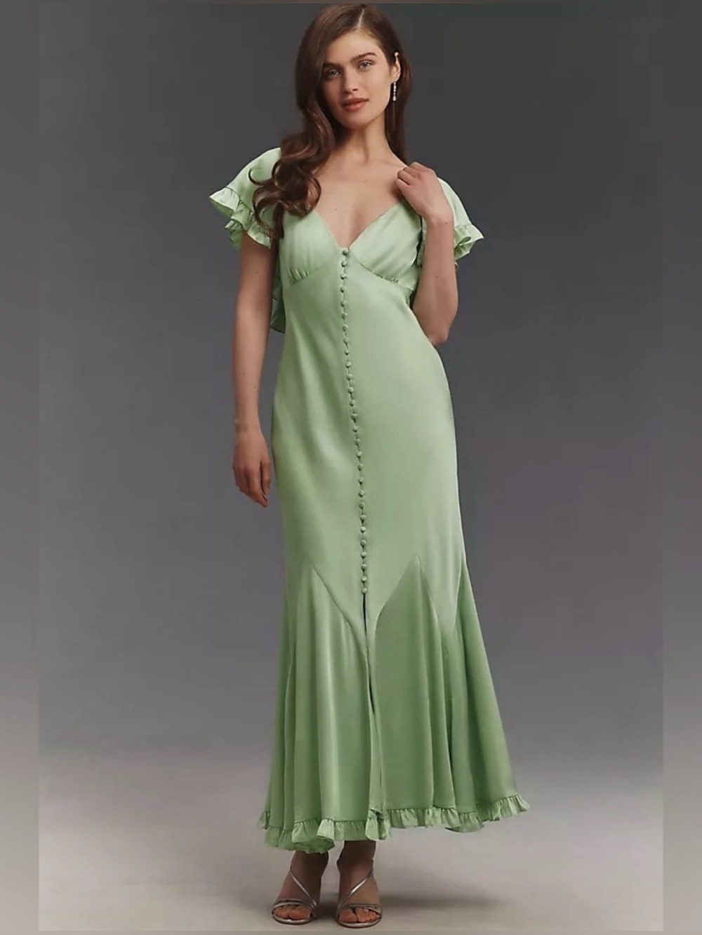 BHLDN Caped Satin Maxi Dress Green Ruffle Small